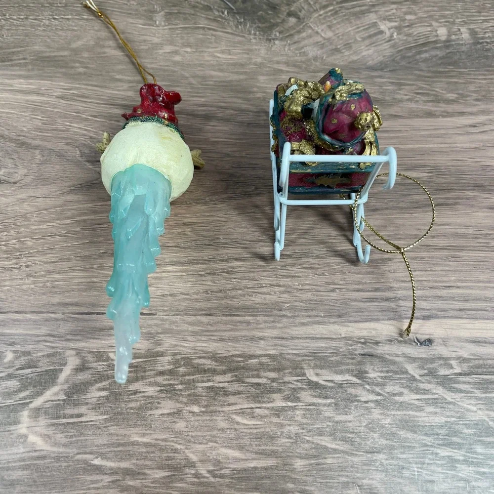 Christmas Tree Ornaments Set of 2 Melting Snowman and Sleigh Festive Decoration‎